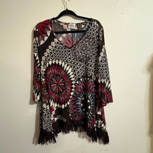 JFY Women’s Large bohemian-style fringe tunic top Floral Geometric Fringe Hem